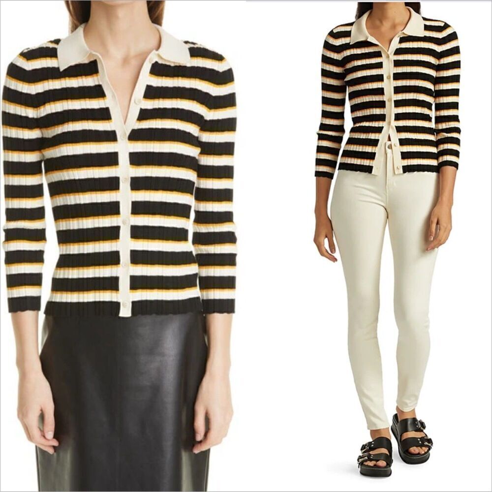 Theory Deep V Cardigan Hudson Stripe Cotton Size Medium Rib Knit